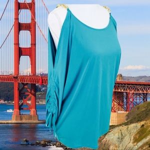 Michael Kors chain strap cold shoulder teal blouse